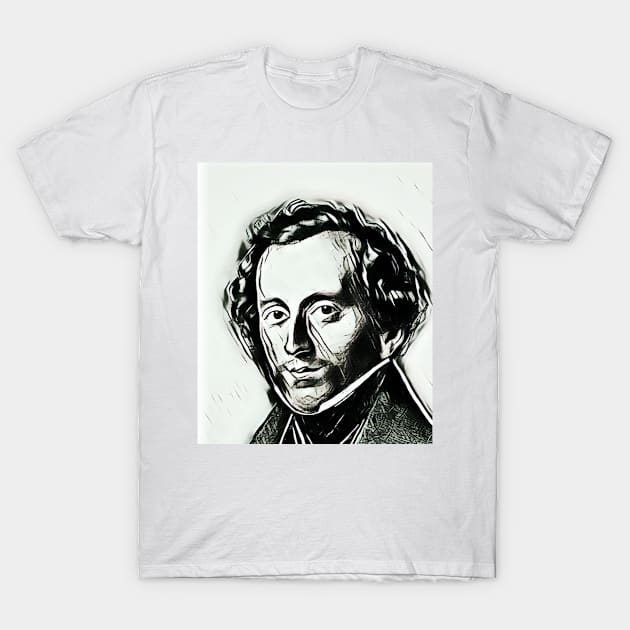 Felix Mendelssohn Black and White Portrait | Felix Mendelssohn Artwork 3 T-Shirt by JustLit